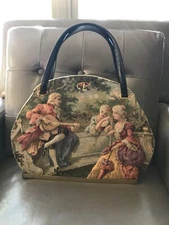 Vintage 50's original tapestry leather bag with figural  royal colorful scenery