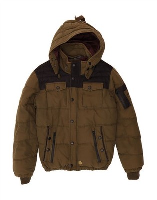 KHUJO Mens Hooded Padded Jacket UK 40 Large Green Colourblock Cotton DR15