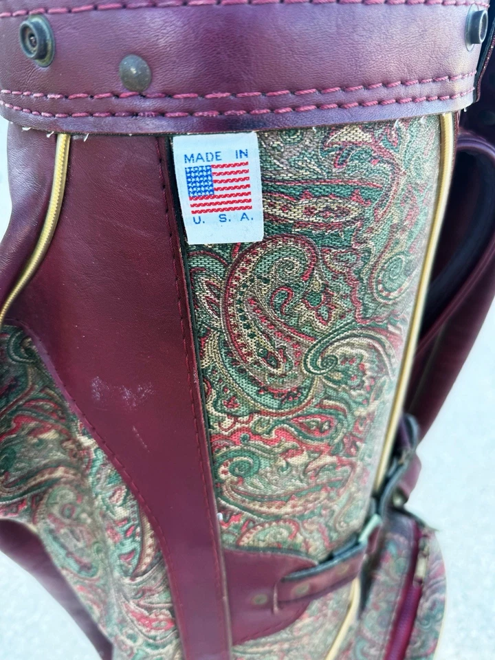 Vintage Hot-Z Leather/canvas Golf Bag Burgundy and Paisley USA Made 6-way  - Image 4 of 4
