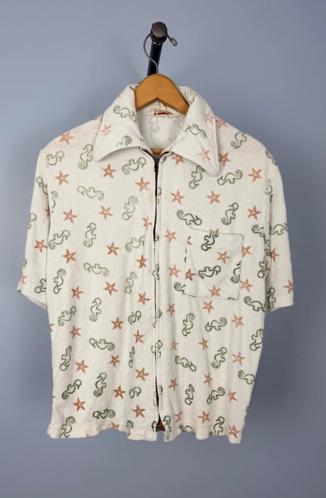 Vintage Jantzen Terry Cloth Cabana Zip-Up Shirt M Seahorse Starfish Print