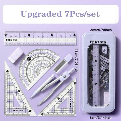 7-teiliges Kompass Lineal Set Dreieck Winkelmesser Gummi Schüler Prüfung Schule Kit Box!