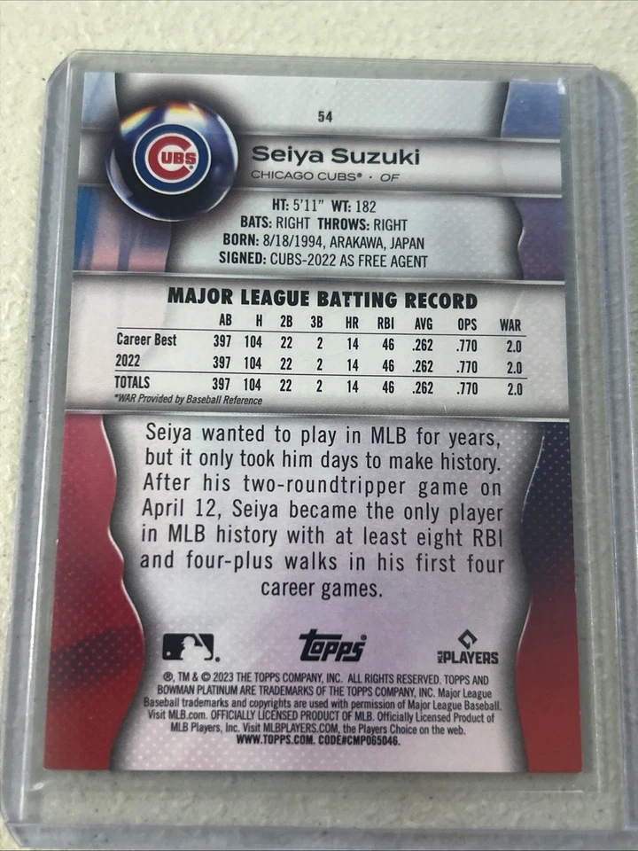 2023 Bowman Platinum - Seiya Suzuki #54 Green /99 - Image 2 of 2