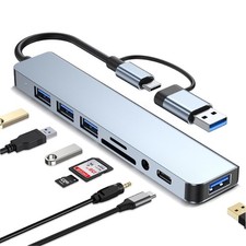USB C Hub 3.0 with SD/TF Card Reader, 3.5mm Headphone Aux Silver