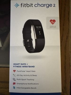 Fitbit Charge 2, Stainless Steel Tracker Black Band, Large.  Works, Screen Crack