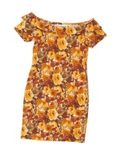 VINTAGE Womens Off Shoulder Bodycon Dress UK 10 Small Yellow Floral YB04