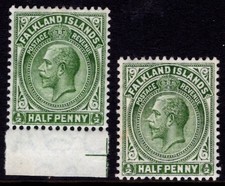 FALKLAND IS 1912-20 1/2d CERCHI DANNEGGIATI A LR, V1, 2 TONALITÀ OTTIME CONDIZIONI