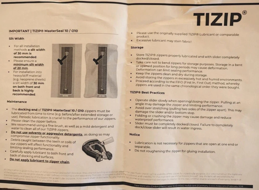 2 Pack TIZIP MasterSeal 10 Waterproof Black Zipper-34"Long 880MM-2"Wide 1 LUB