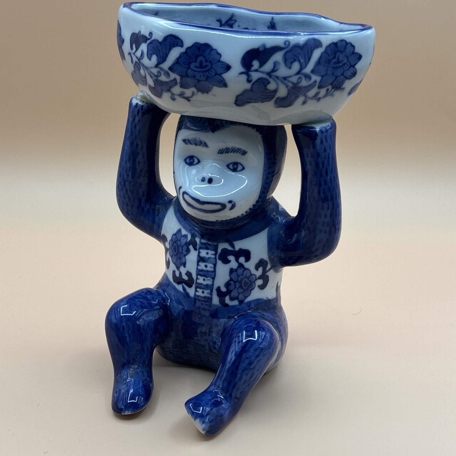 Vintage Chinoiserie Porcelain Monkey Blue White Holding Bowl Trinket Dish Soap
