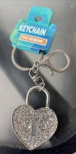 Heart Lock Engraved Metal Rhinestone Detachable Keyring Silver Love Theme