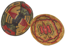 Vintage Pair of Hand Woven Straw Coil Basket in Bright Colors