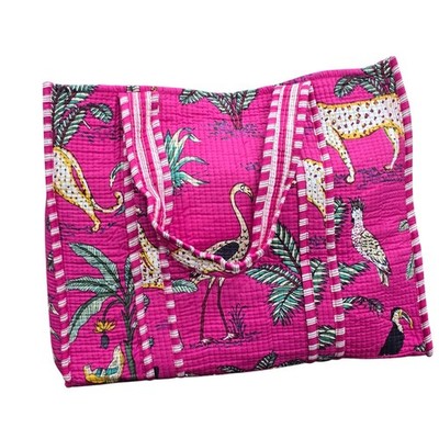 Indian Hand Block Jungle Printed Cotton Quilted Tote Bag - Deep Pink Color
