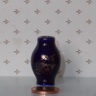 Porzellan MINIATUR Vase Kobalt Blau mit Gold Blumen Motiv Puppenstube Setzkasten