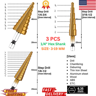 3PC Step Drill Bit Set Titanium HSS 1/4''Hex Shank Cone Metal Hole Cutter Kit PRO