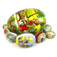 Large Vintage 8 Paper Mache Easter Eggs Bunnies Floral German Candy Container