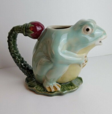 Vintage Majolica Frog On A Lily Pad Tea Pot Pottery Henriksen Imports -No Lid