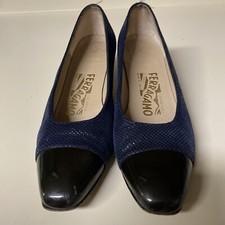 SALVATORE FERRAGAMO 6.5 AA Navy Blue Classic Pump Cap Toe Dotted Suede