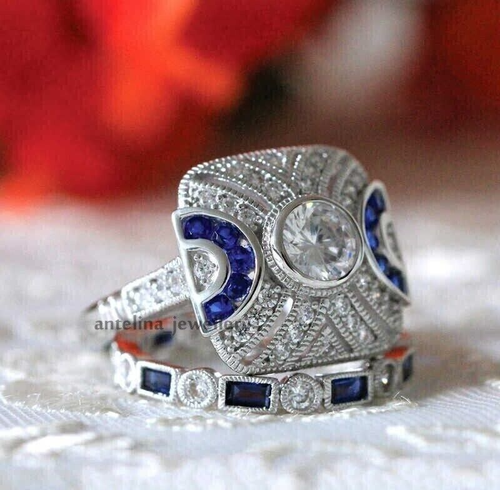 14K White Gold Over 4CT Round Cut Diamond Simulated Vintage Wedding Ring Set - Picture 4 of 10