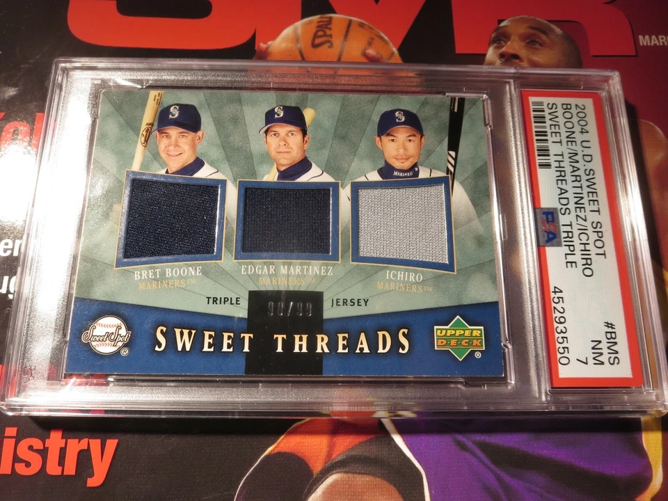 Camiseta deportiva Ichiro Edgar Martínez Seattle Mariners 2004 UD Sweet Threads Spot/99 PSA Foto 2 de 4