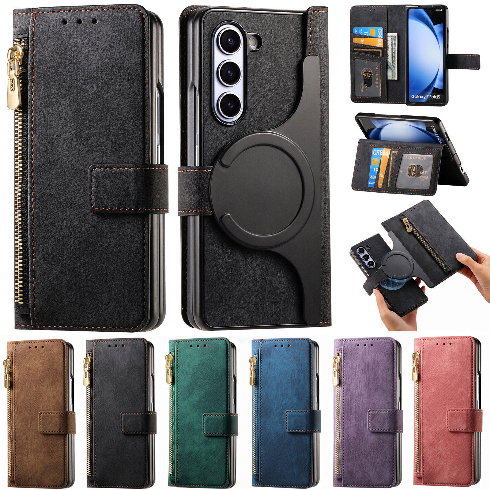 For Samsung Galaxy Z Fold 6/5/4/3 Magnetic Leather Detachable Zipper Wallet Case-image