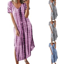 S-5XL Printed Tie-Dye V-neck Irregular Dress Short Sleeve Plus Size Loose Slit