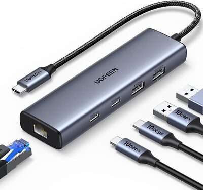 USB C to Ethernet Adapter, 10Gbps Data Ports 5 in 1 USB C Hub Ethernet with 2* U