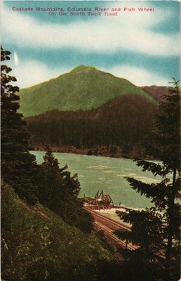 Vintage Cascade Mountains Columbia River Fish Wheel Postcard Oregon