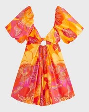 NWT Farm Rio Summer Garden Ombre Mini Dress Pink Orange Floral Puff Sleeve Large