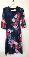 Eliza J Dress Size 6 Floral Faux Wrap Midi Navy Blue Floral 3/4 Sleeve Lined