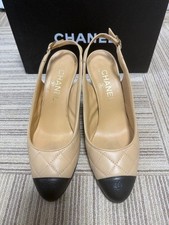 CHANEL Slingback Pumps Size 37 24cm Beige Black Leather Excellent Condition