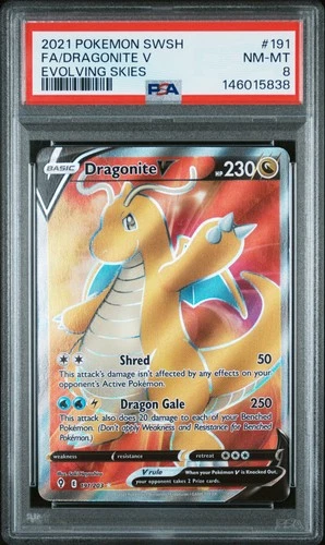 2021 POKEMON SWORD & SHIELD EVOLVING SKIES #191 FULL ART/DRAGONITE V PSA 8
