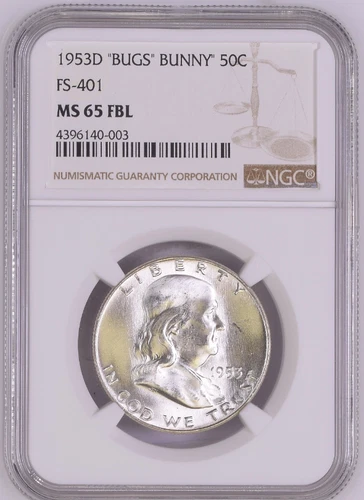 1953-D NGC MS65FBL Full Bell Lines Franklin Half Dollar, "Bugs Bunny" FS-401