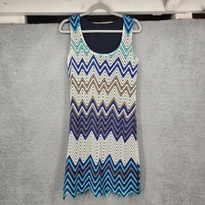 Blue Chevron Knit Sleeveless Dress Scalloped Hem Viscose Blend