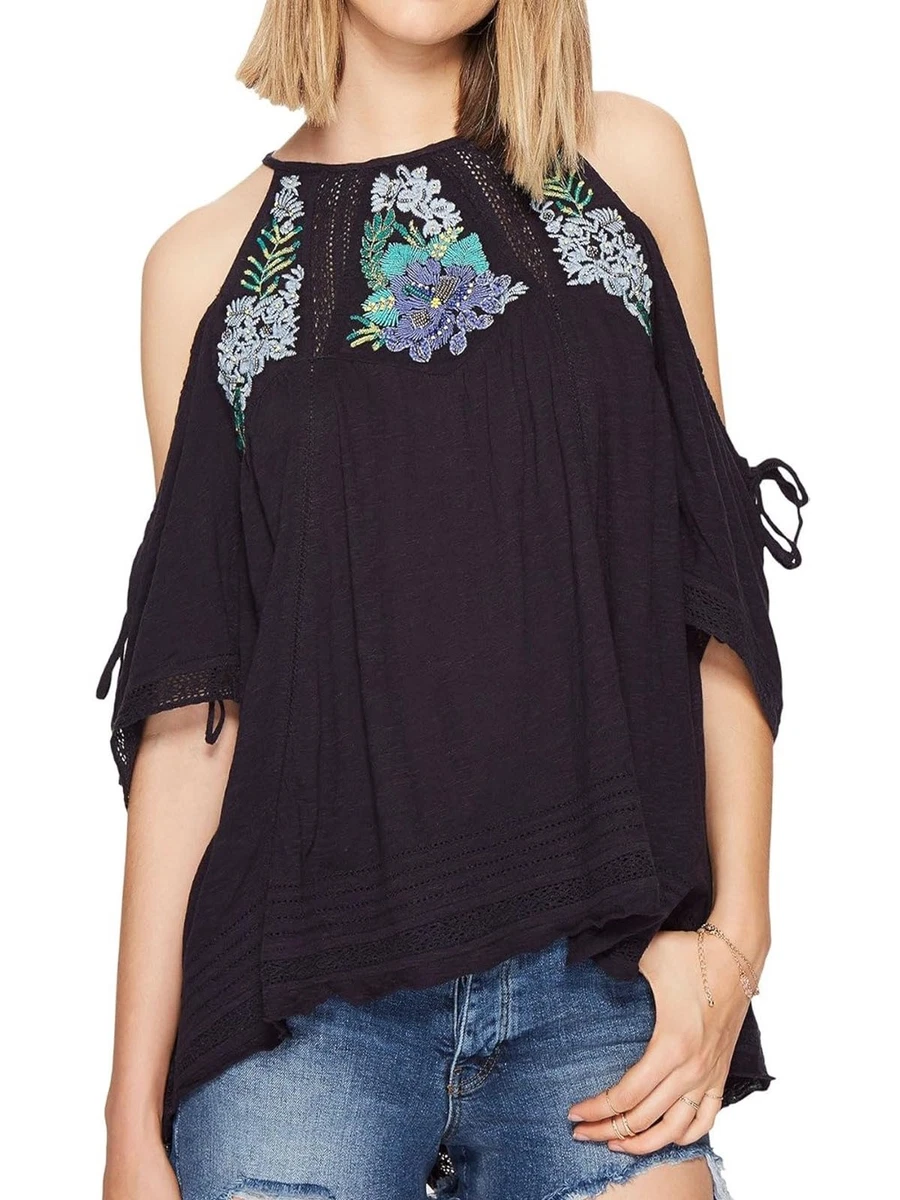 NWOT Free People Navy Blue Pure Cotton Embroidered Cold Shoulder Top Boho Hippie