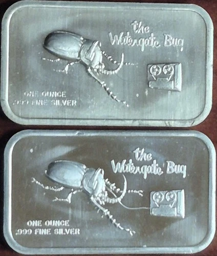 1974 Lot of 2 Colonial Mint Watergate Bug 1 oz .999 Silver Bars, w/&w/o Pincher
