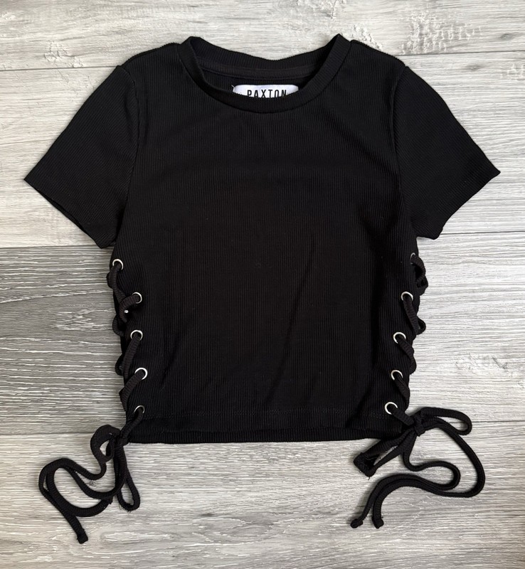 Paxton Black Cropped Lace-Up Short Sleeve T-Shirt Women Size S