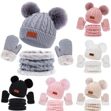 Kids Winter Hat, Scarf  Gloves Set   Double Ball Fleece Lining Baby Beanie Hat