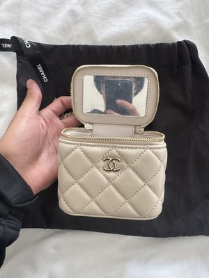 CHANEL Beige Quilted Leather Makeup Bag with Mirror, Zipper, Chain