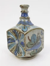 Ken Edwards Tonala Square Mexican Pottery Vase 9.5" tall Featuring Bird Scene
