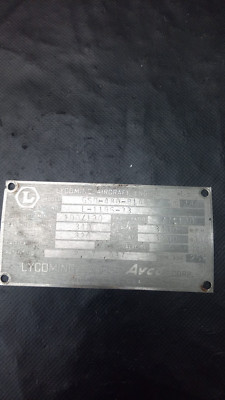AVCO LYCOMING MODEL GSO-480-B1A6 AIRPLANE/AIRCRAFT ENGINE/MOTOR DATA TAG ONLY