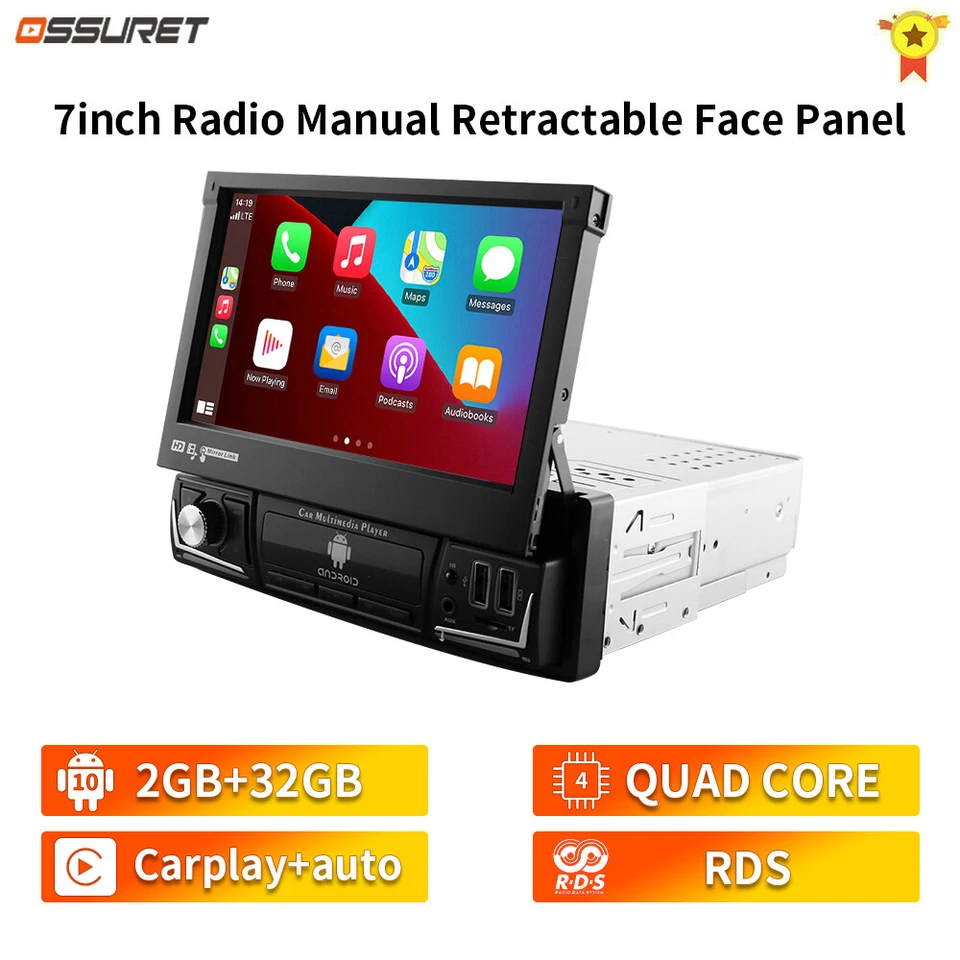 Single 1 Din Android 10.1 7" Flip Out Car Stereo Radio GPS Navi Wifi BT Carplay - Image 3 of 4