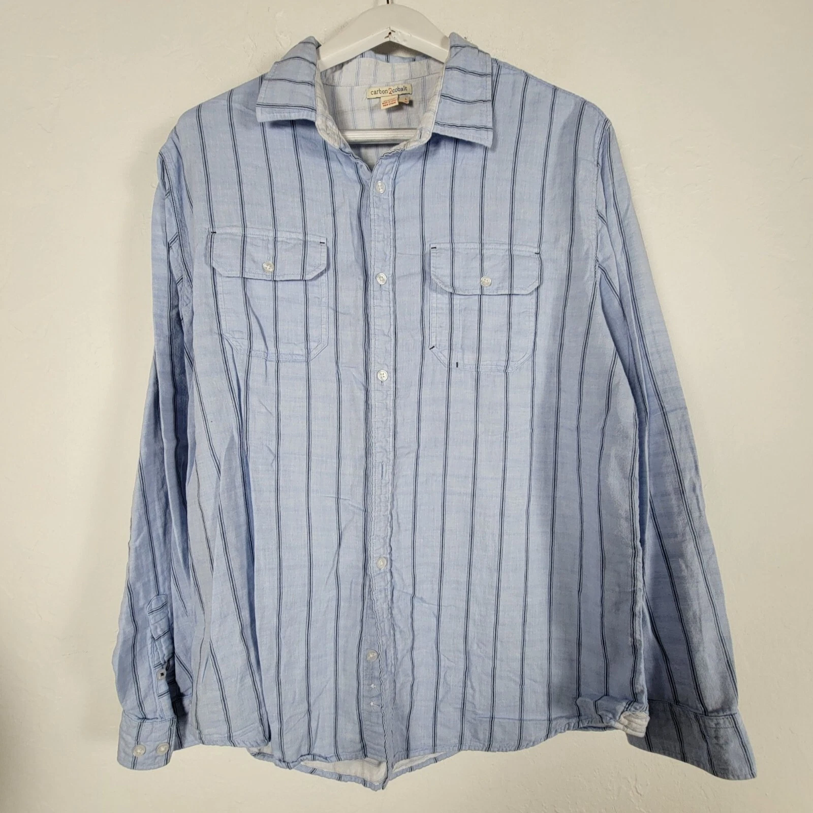 Carbon2Cobalt Mens Light Blue Striped Button-Up Long Sleeve Shirt Large Cotton