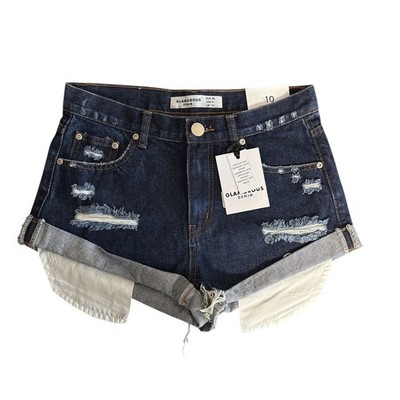 Glamorous Denim Dark Blue Bleach Stonewash Distressed Shorts Boho USA 6 NEW