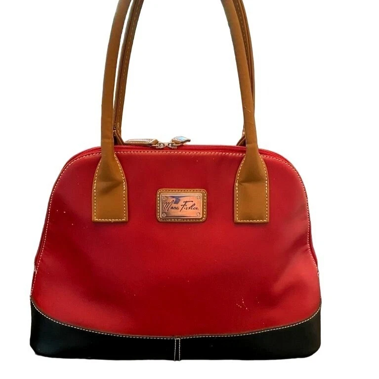 Marc Fisher Red Satchel Bag Black Bottom Structured Handbag Zip Top