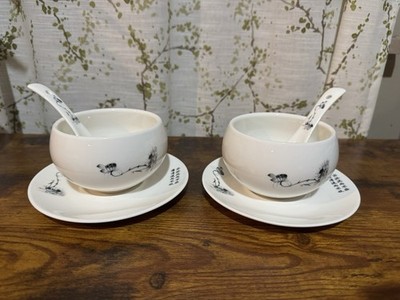 Porcelain Dessert Soup Bowl with Spoon & Saucer Bamboo Calligraphy - set of 2