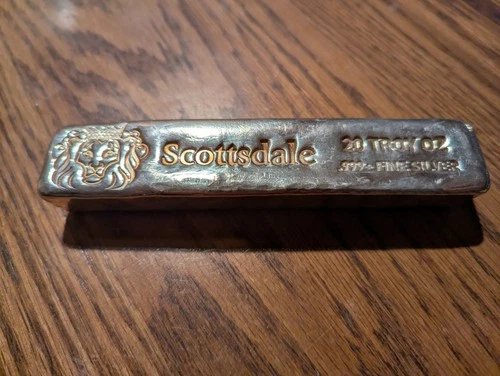 20 oz .999 Silver Bullion Long Cast Bar Scottsdale Mint Pure Silver Troy Ounces