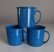 PRICE DROP VTG Enamelware Tin Blue Speckled White Camping Mugs SET OF 3