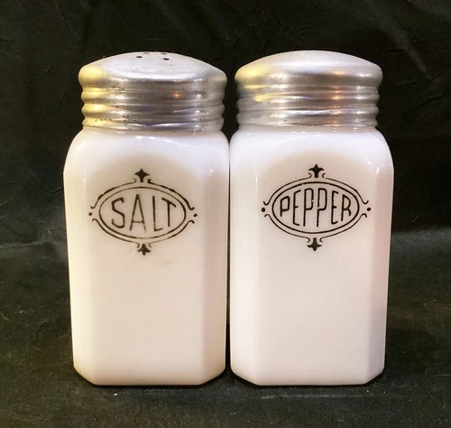 Vintage Hazel Atlas White Milk Glass Salt & Pepper Shakers – Range Top w/ Metal