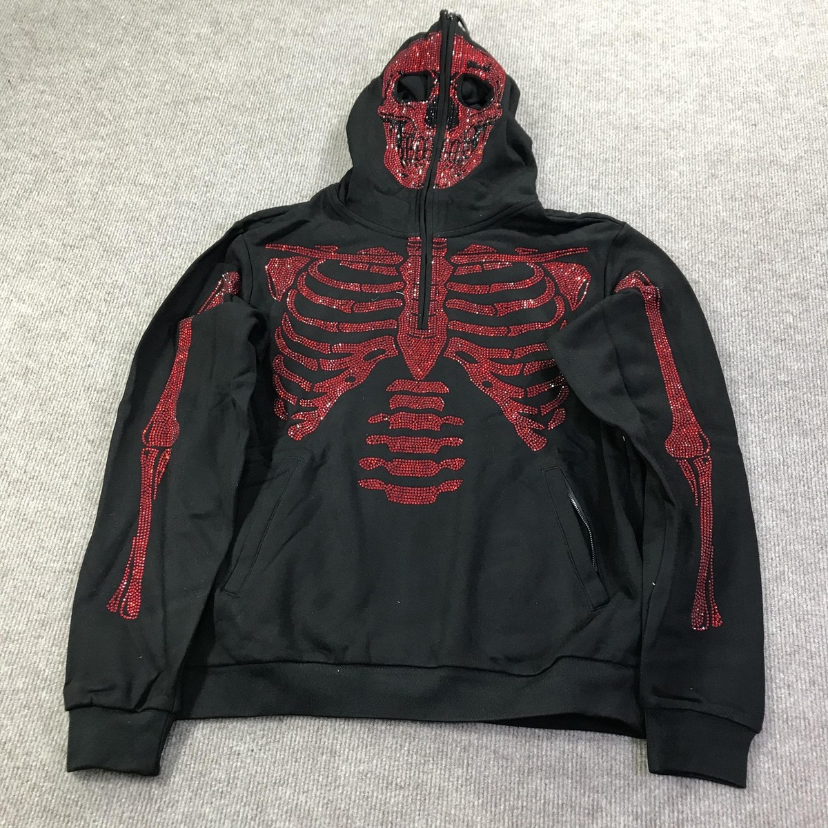Guapi Hoodie Mens Medium Black Rhinestone Skeleton Full Zip Mask