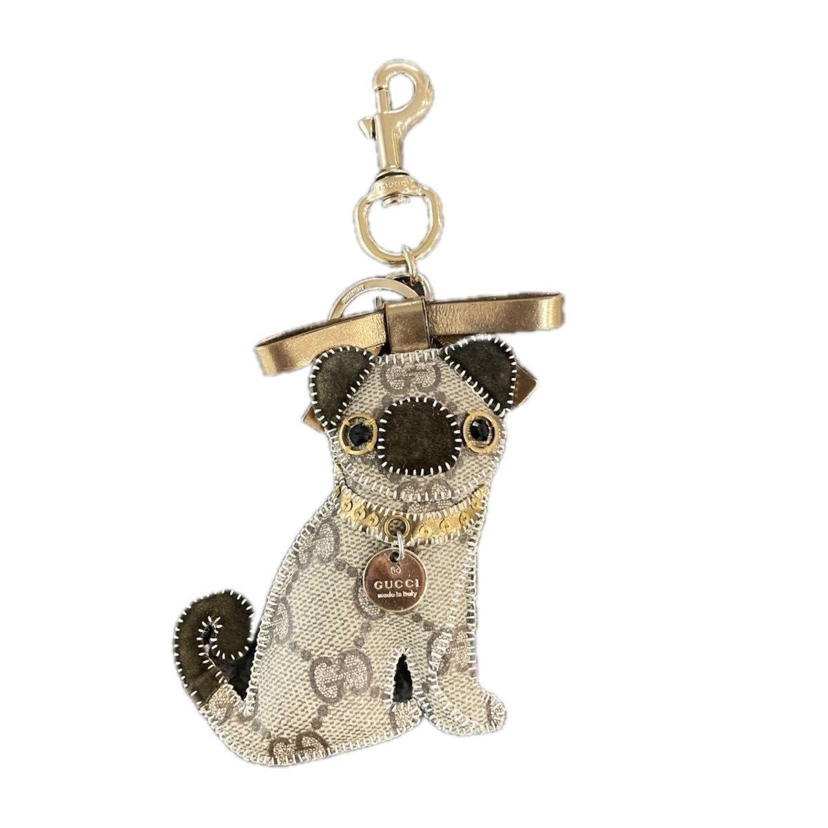 GUCCI Bag Charm Key Ring Guccioli Pug Dog Oliver GG Leather Brown