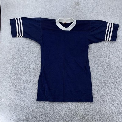 Vtg 70s Blank Jersey Ringer Shirt 2XS Navy White Stripes V Neck